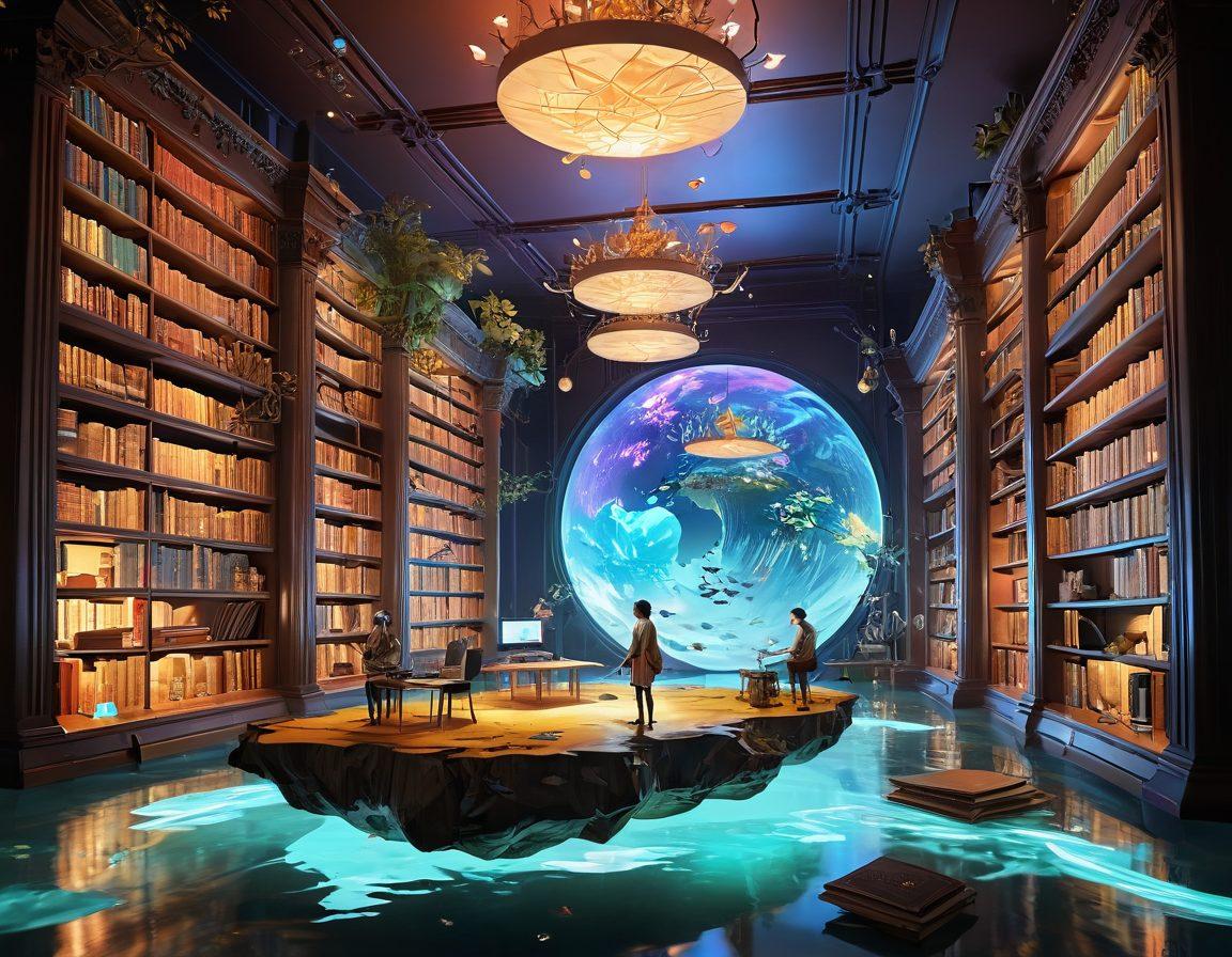 A mystical digital landscape with floating islands featuring modern computers and exotic library bookshelves. Characters dressed in a mix of historical libertine apparel and modern casual attire, engaging in animated conversations and activities. Holographic figures and virtual reality headsets, with ethereal digital pathways connecting the islands. vibrant colors. augmented reality style.