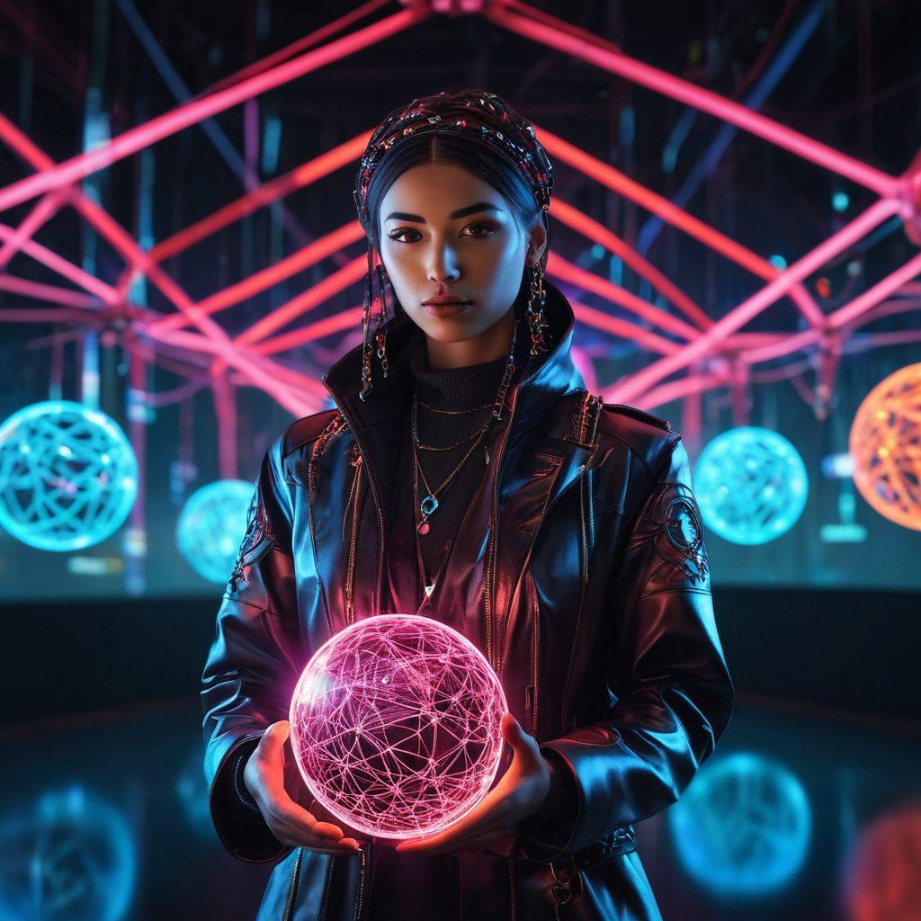 A futuristic digital landscape with interconnected web-like structures, symbolizing the vastness of the internet. In the foreground, a figure in a modern attire holds a glowing orb representing internet freedom, while abstract representations of chains breaking symbolize liberation. The background is a mix of dark space with vibrant interconnected nodes. cyberpunk, vibrant colors, 3D.