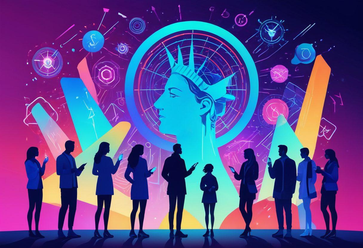 A diverse group of people enjoying free and open internet access, depicted through futuristic devices and holographic interfaces, surrounded by symbols of liberty and creativity. The background features abstract representations of the web, with interconnected nodes and data streams. The mood is vibrant, empowering, and technologically advanced. vector art. vibrant colors. futuristic style.